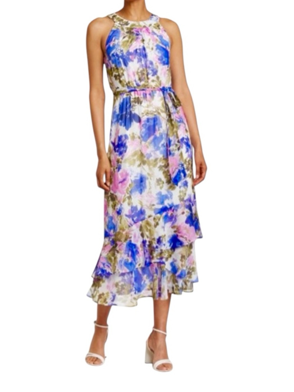Calvin Klein Floral Halter Spring Wedding Guest Maxi Romantic Ruffle Dress Sz 2